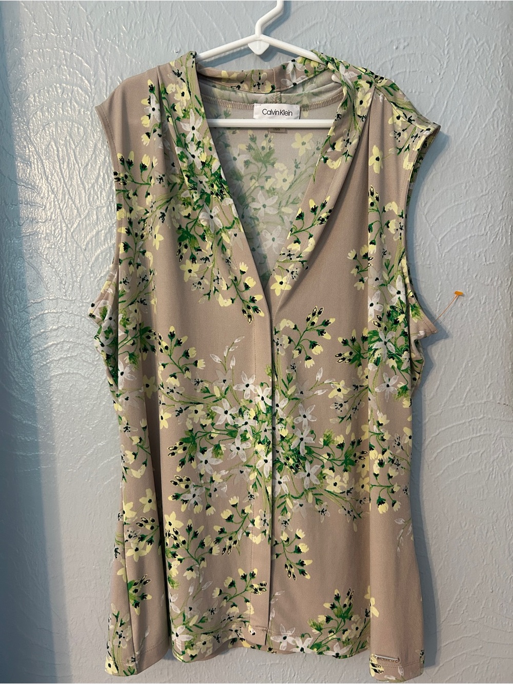 Calvin Klein Taupe Floral Sleeveless V-Neck Top with Green & Yellow